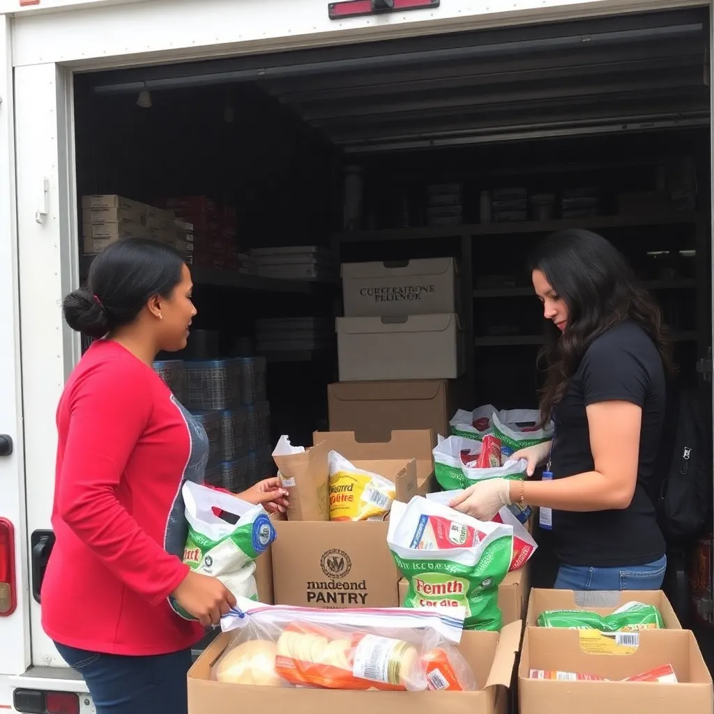 Volunteers sorting donated food from a delivery truck